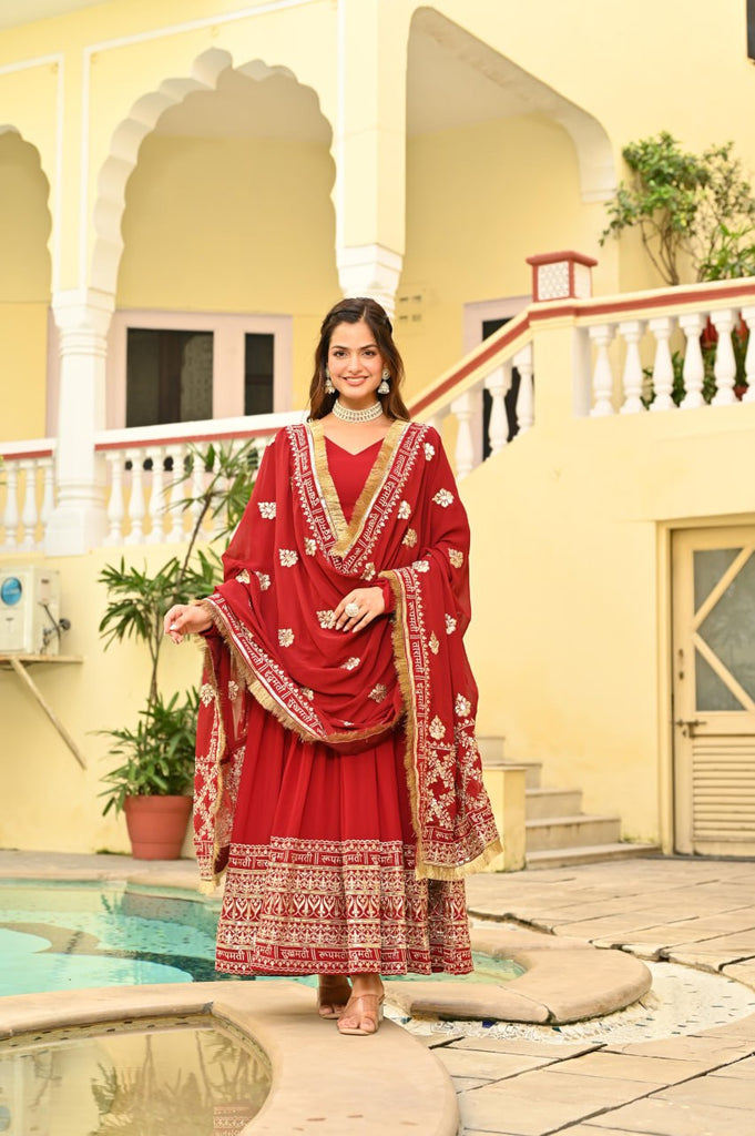 Red Faux Blooming Embroidered Zari Sequins Work Gown with Dupatta ClothsVilla
