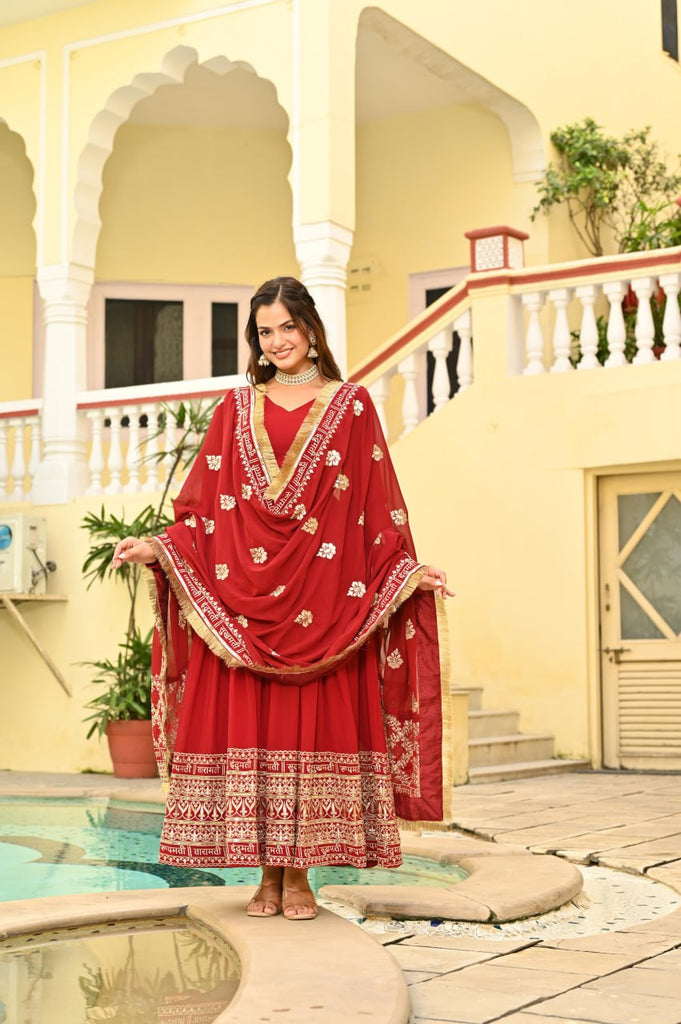 Red Faux Blooming Embroidered Zari Sequins Work Gown with Dupatta ClothsVilla