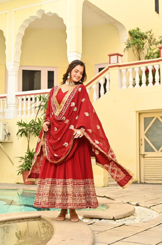 Red Faux Blooming Embroidered Zari Sequins Work Gown with Dupatta ClothsVilla