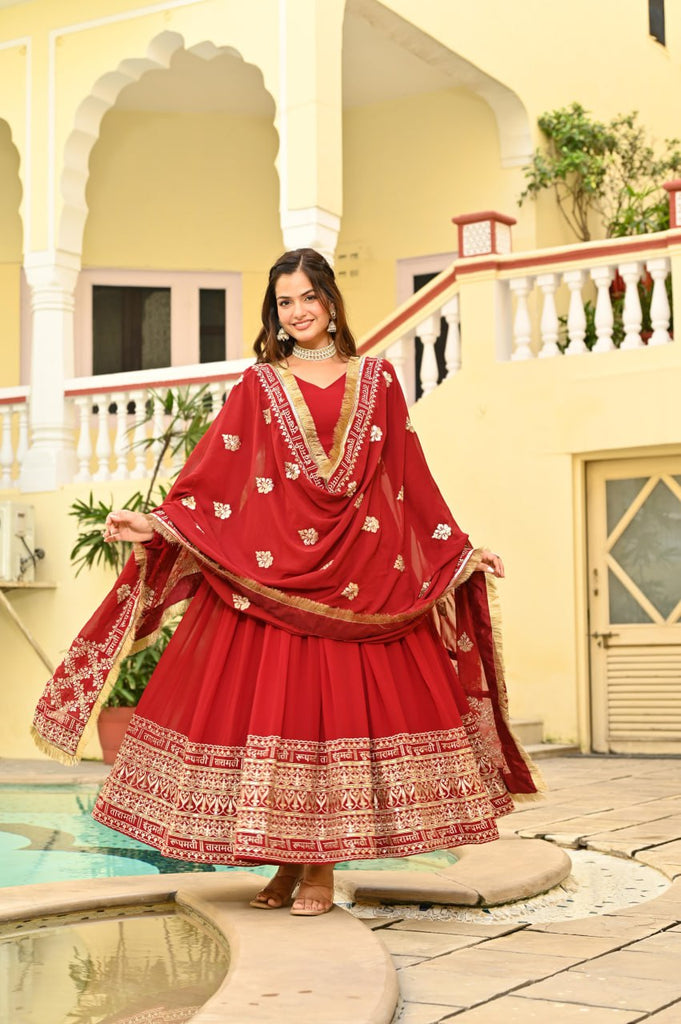 Red Faux Blooming Embroidered Zari Sequins Work Gown with Dupatta ClothsVilla