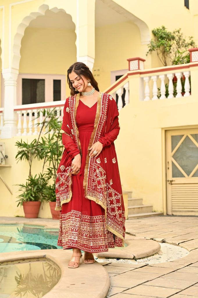 Red Faux Blooming Embroidered Zari Sequins Work Gown with Dupatta ClothsVilla