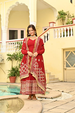Red Faux Blooming Embroidered Zari Sequins Work Gown with Dupatta ClothsVilla