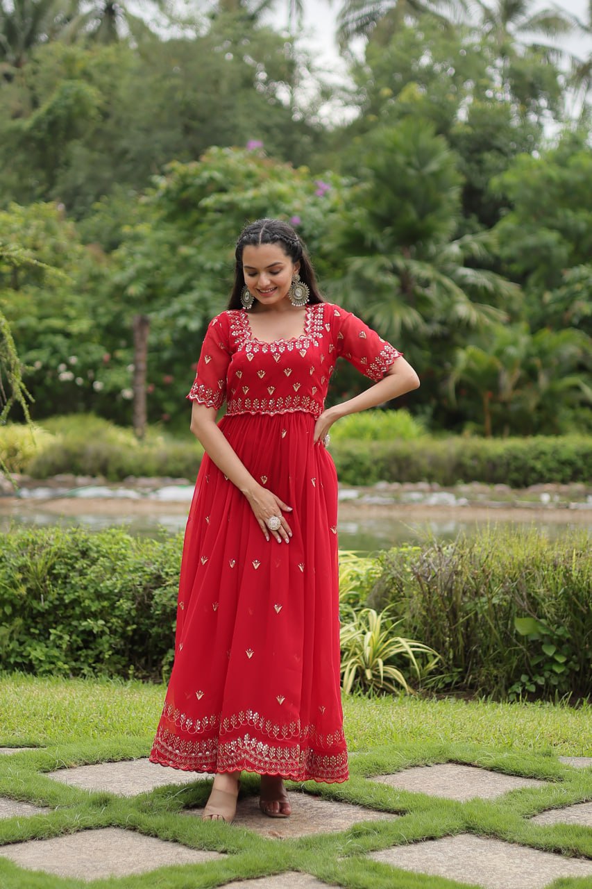 Red Faux Blooming Fabric Designer Readymade Gown with Zari & Sequins Embroidery ClothsVilla Main image