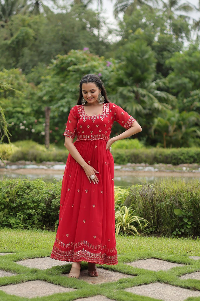 Red Faux Blooming Fabric Designer Readymade Gown with Zari & Sequins Embroidery ClothsVilla