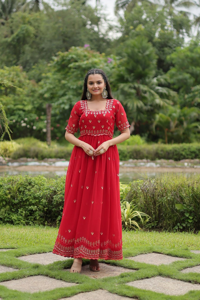 Red Faux Blooming Fabric Designer Readymade Gown with Zari & Sequins Embroidery ClothsVilla