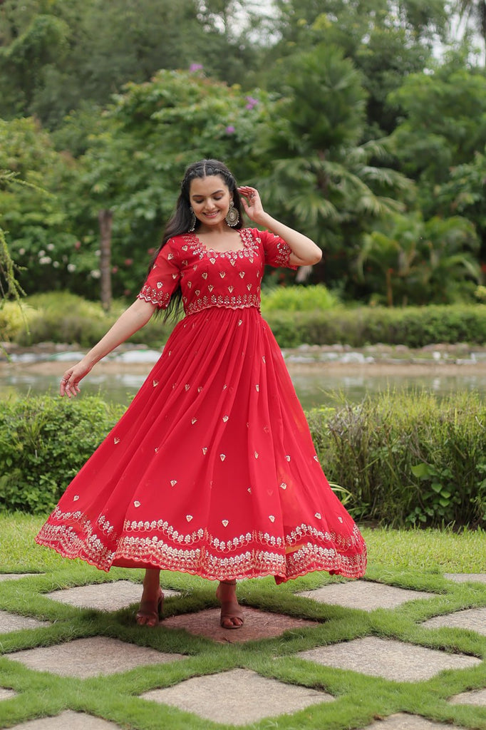 Red Faux Blooming Fabric Designer Readymade Gown with Zari & Sequins Embroidery ClothsVilla