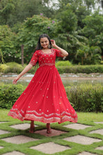 Load image into Gallery viewer, Red Faux Blooming Fabric Designer Readymade Gown with Zari &amp; Sequins Embroidery ClothsVilla