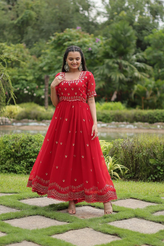 Red Faux Blooming Fabric Designer Readymade Gown with Zari & Sequins Embroidery ClothsVilla