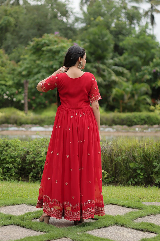 Red Faux Blooming Fabric Designer Readymade Gown with Zari & Sequins Embroidery ClothsVilla