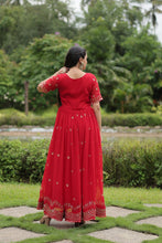 Load image into Gallery viewer, Red Faux Blooming Fabric Designer Readymade Gown with Zari &amp; Sequins Embroidery ClothsVilla