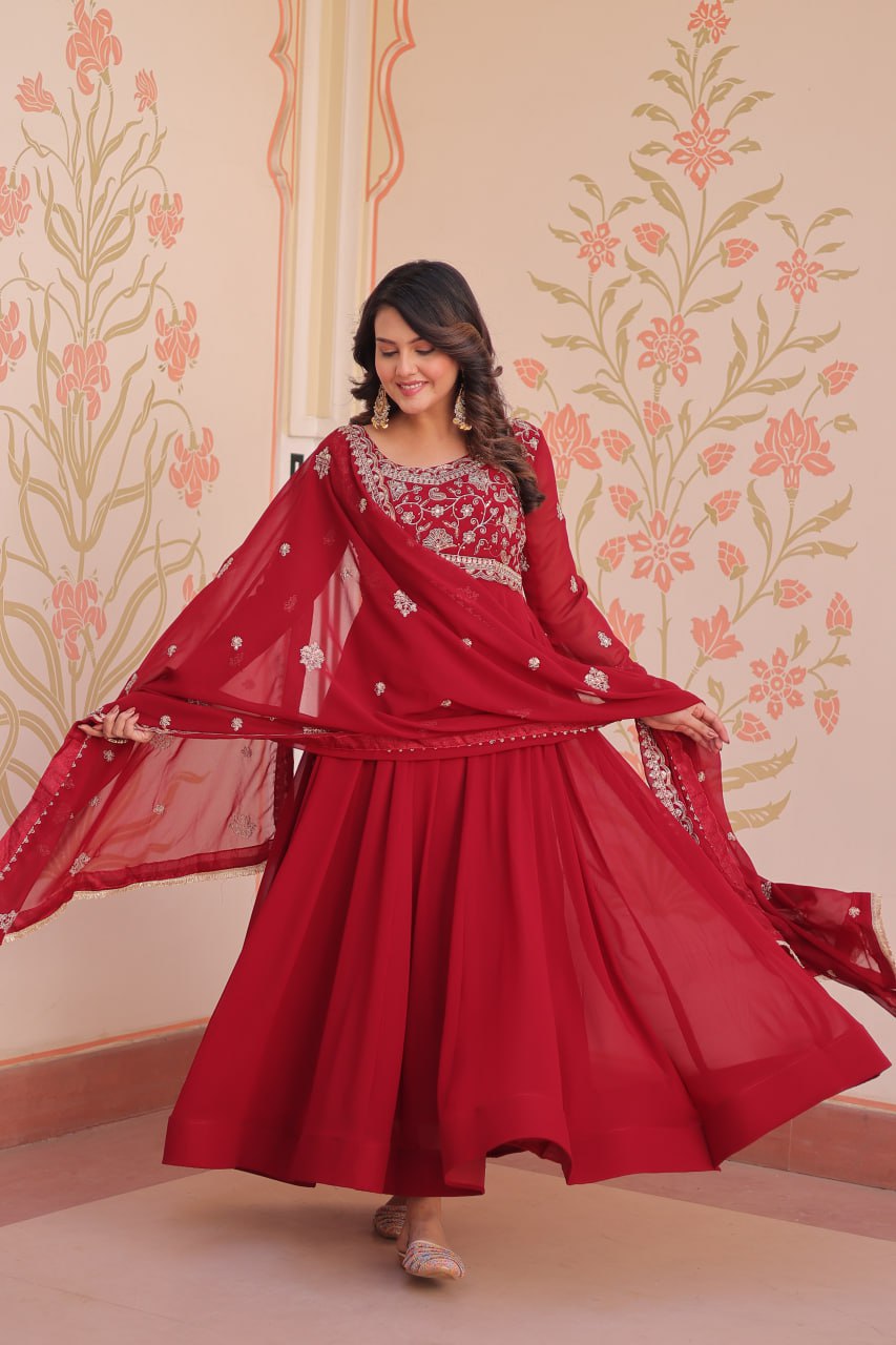 Red Faux Blooming Gown with Beads Embroidery & Designer Dupatta ClothsVilla