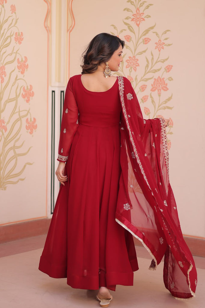 Red Faux Blooming Gown with Beads Embroidery & Designer Dupatta ClothsVilla