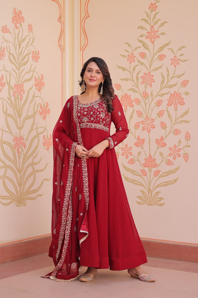 Red Faux Blooming Gown with Beads Embroidery & Designer Dupatta ClothsVilla