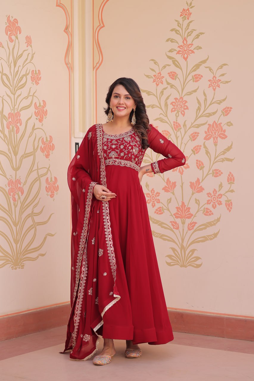Red Faux Blooming Gown with Beads Embroidery & Designer Dupatta ClothsVilla