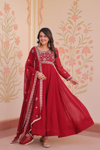 Red Faux Blooming Gown with Beads Embroidery & Designer Dupatta ClothsVilla