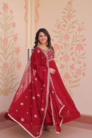 Red Faux Blooming Gown with Beads Embroidery & Designer Dupatta ClothsVilla