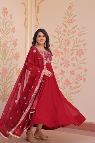 Red Faux Blooming Gown with Beads Embroidery & Designer Dupatta ClothsVilla