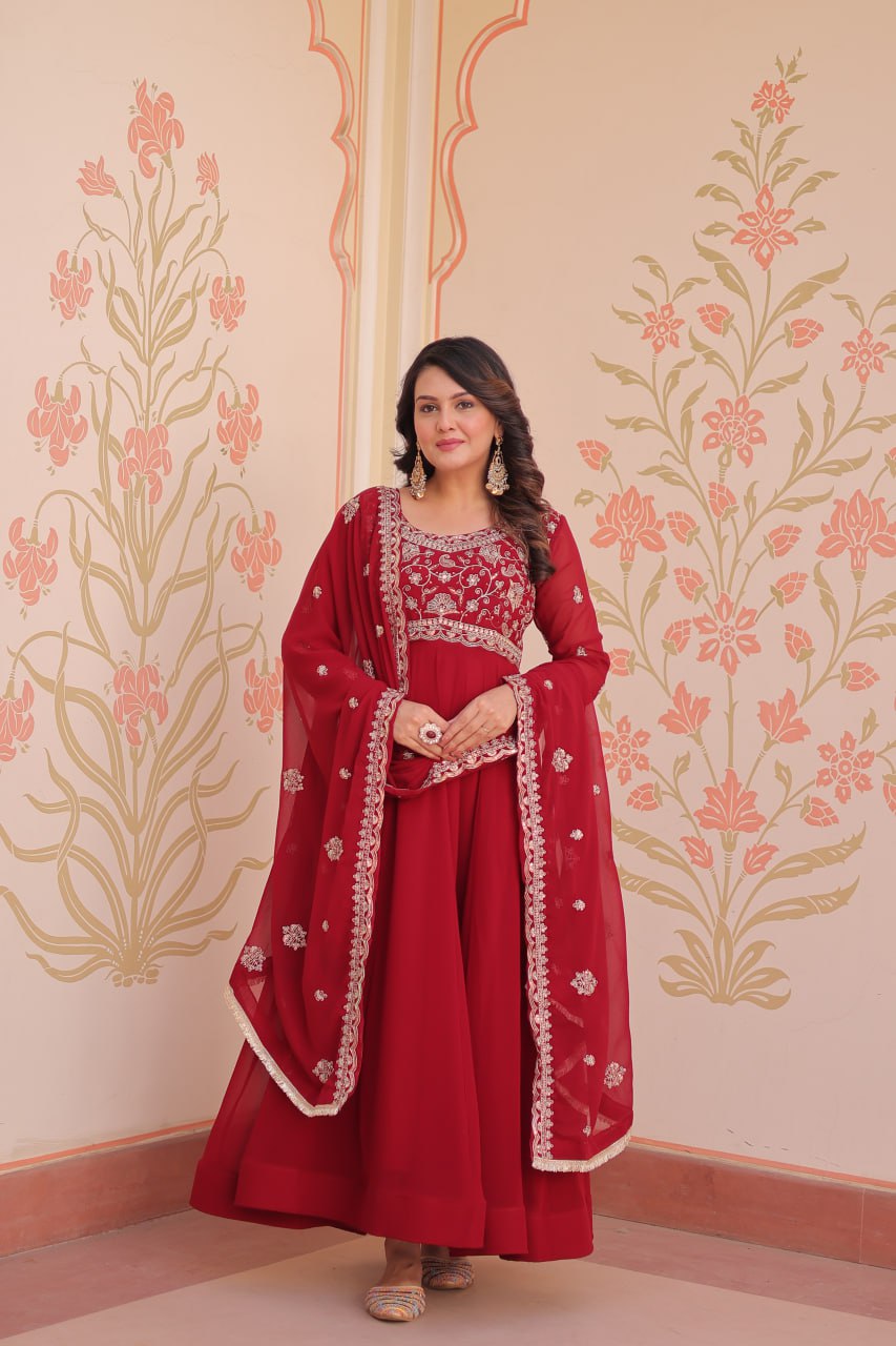 Red Faux Blooming Gown with Beads Embroidery & Designer Dupatta ClothsVilla