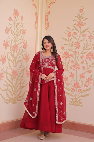Red Faux Blooming Gown with Beads Embroidery & Designer Dupatta ClothsVilla