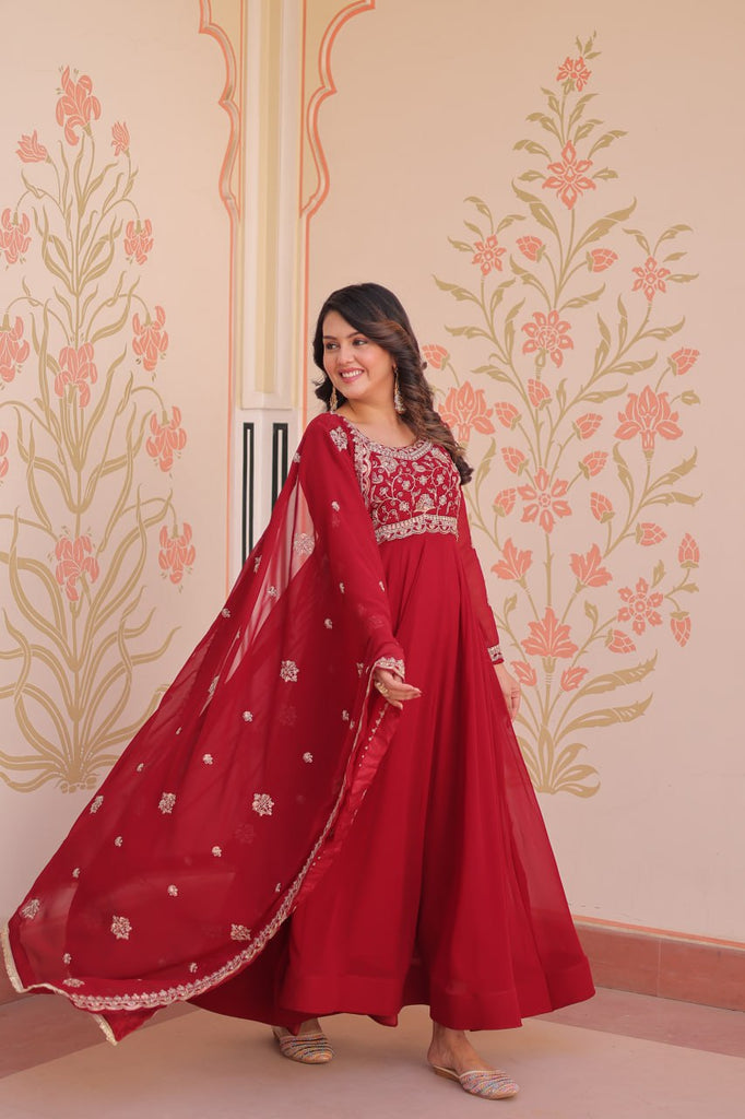 Red Faux Blooming Gown with Beads Embroidery & Designer Dupatta ClothsVilla