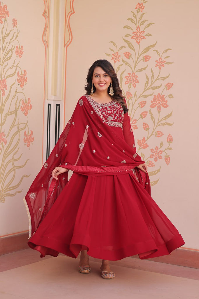 Red Faux Blooming Gown with Beads Embroidery & Designer Dupatta ClothsVilla