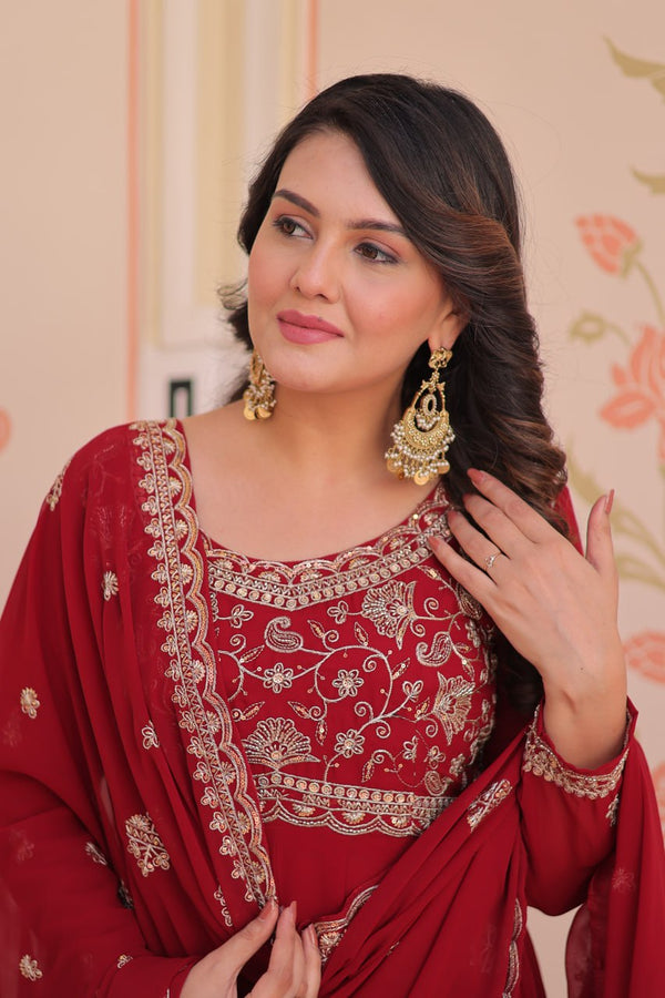 Red Faux Blooming Gown with Beads Embroidery & Designer Dupatta ClothsVilla