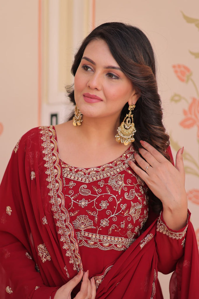 Red Faux Blooming Gown with Beads Embroidery & Designer Dupatta ClothsVilla