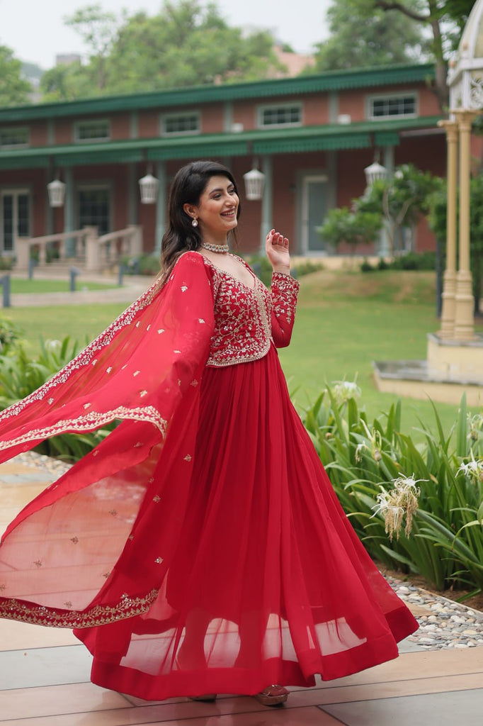 Red Faux Blooming Gown With Sequins-Multi Embroidery ClothsVilla