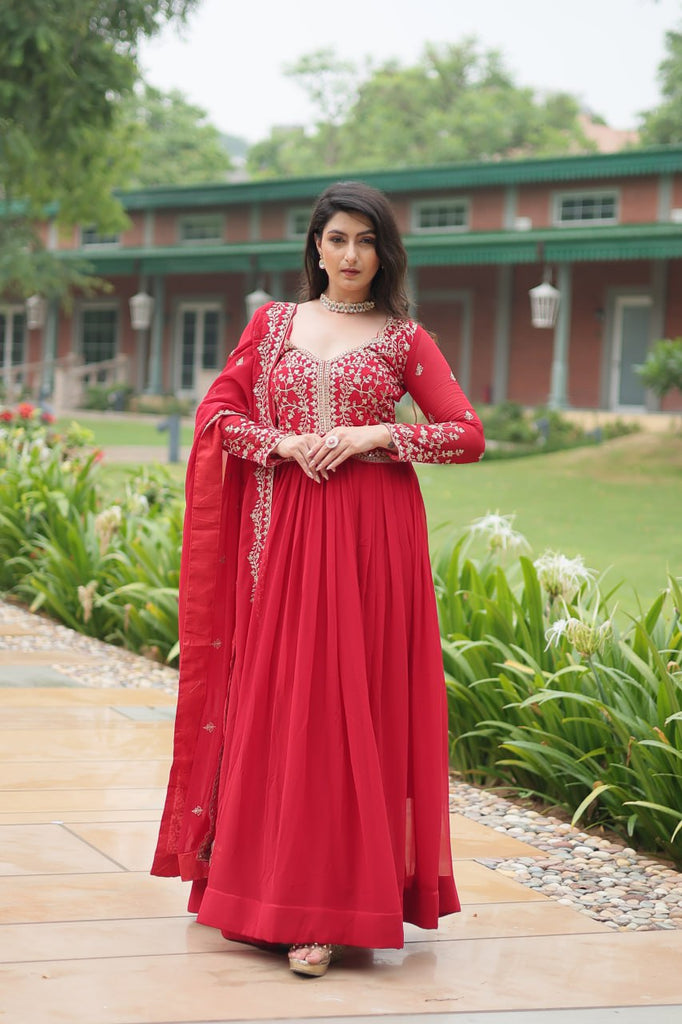 Red Faux Blooming Gown With Sequins-Multi Embroidery ClothsVilla