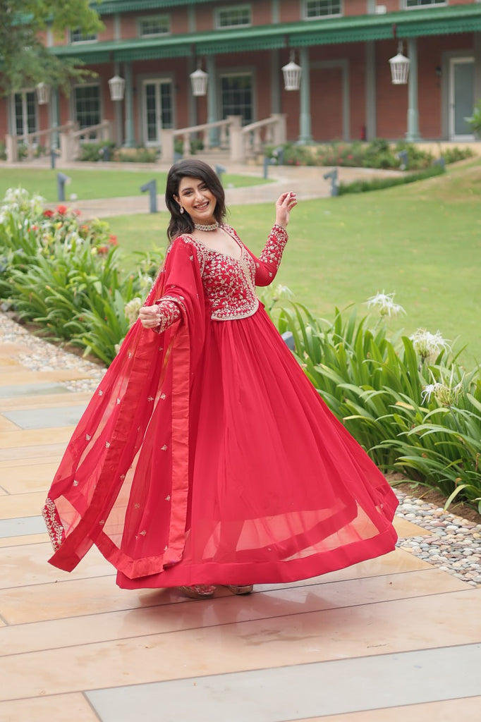 Red Faux Blooming Gown With Sequins-Multi Embroidery ClothsVilla