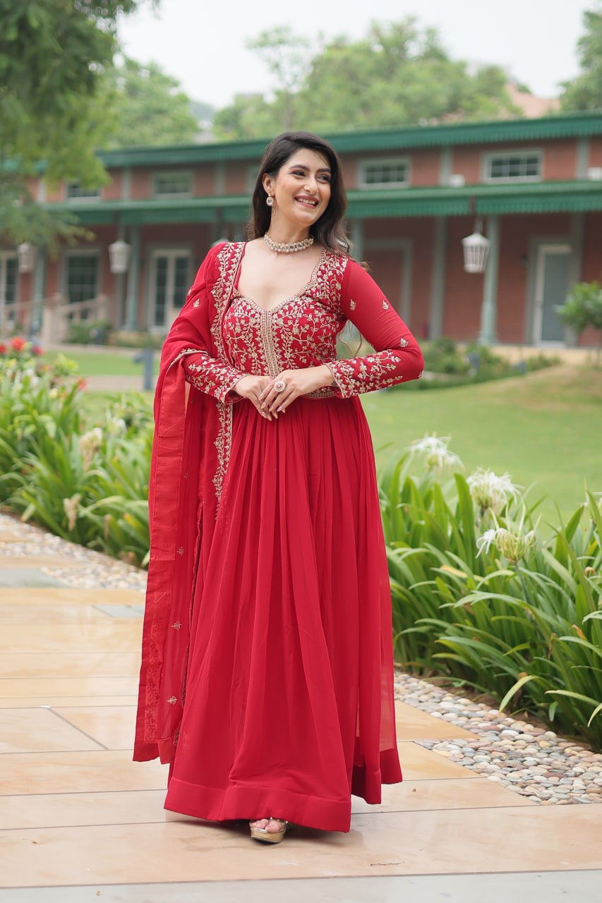 Red Faux Blooming Gown With Sequins-Multi Embroidery Secondary image