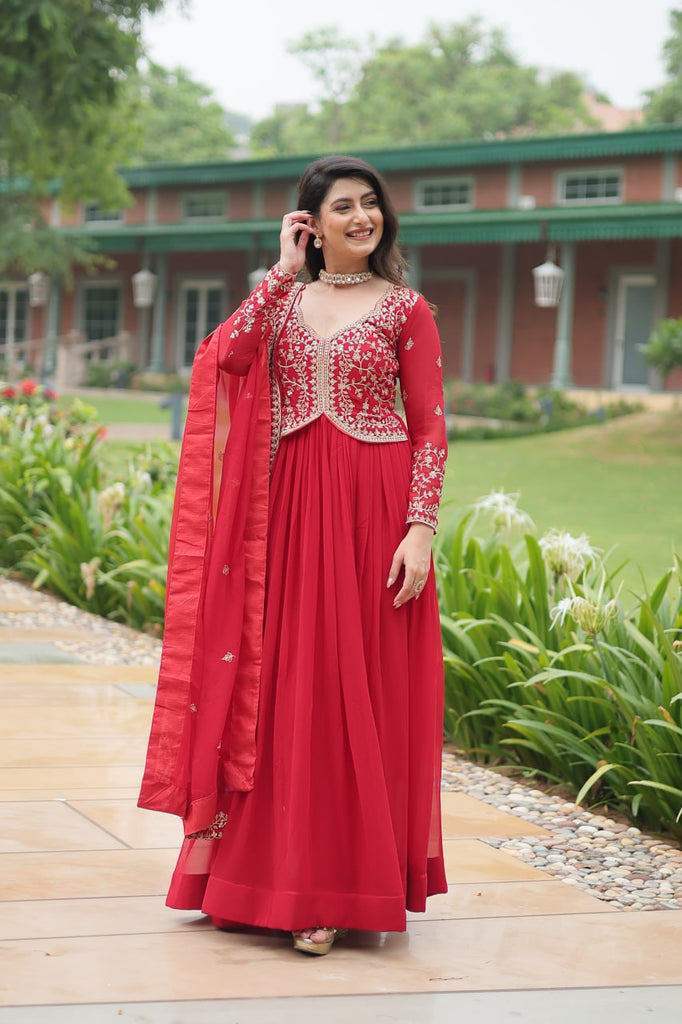 Red Faux Blooming Gown With Sequins-Multi Embroidery ClothsVilla