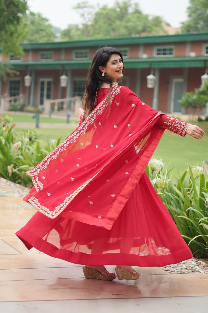 Red Faux Blooming Gown With Sequins-Multi Embroidery ClothsVilla