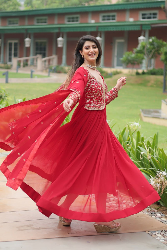 Red Faux Blooming Gown With Sequins-Multi Embroidery ClothsVilla