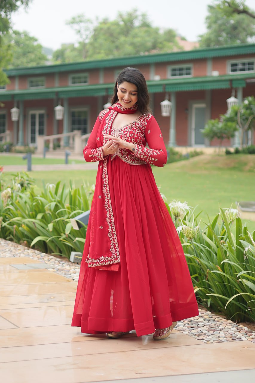 Red Faux Blooming Gown With Sequins-Multi Embroidery ClothsVilla