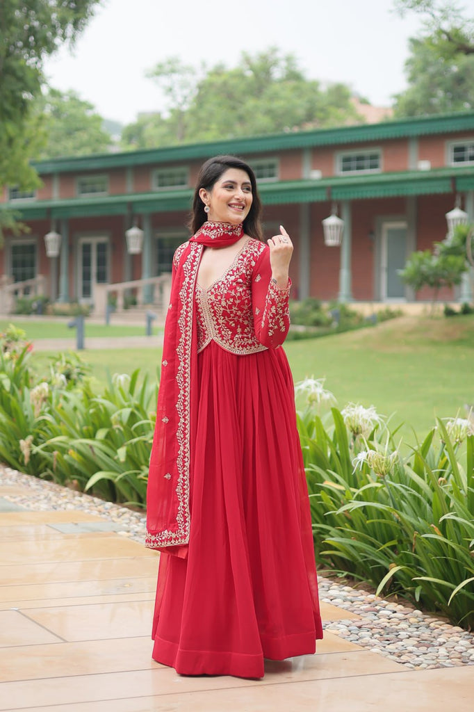 Red Faux Blooming Gown With Sequins-Multi Embroidery ClothsVilla