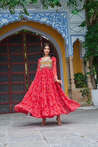 Red Faux Georgette Bandhani Print Gown with Kutchi Patchwork – Full Sleeves, 12 Meter Flair, Cotton Lining ClothsVilla