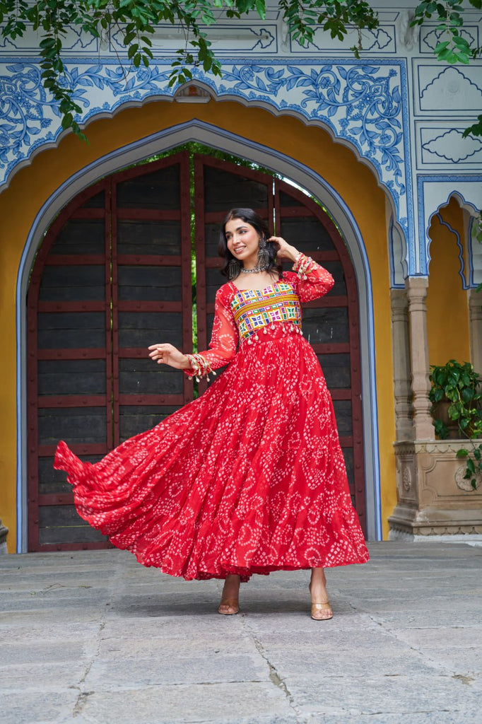 Red Faux Georgette Bandhani Print Gown with Kutchi Patchwork – Full Sleeves, 12 Meter Flair, Cotton Lining ClothsVilla