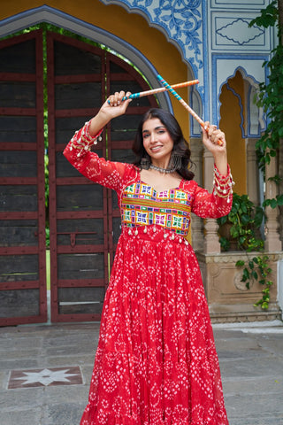 Red Faux Georgette Bandhani Print Gown with Kutchi Patchwork – Full Sleeves, 12 Meter Flair, Cotton Lining ClothsVilla