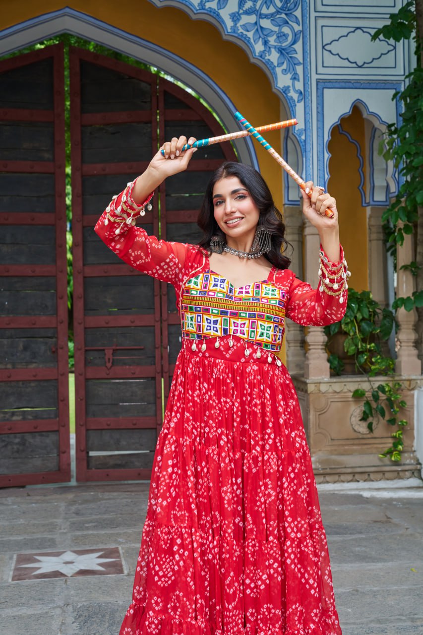 Red Faux Georgette Bandhani Print Gown with Kutchi Patchwork – Full Sleeves, 12 Meter Flair, Cotton Lining ClothsVilla
