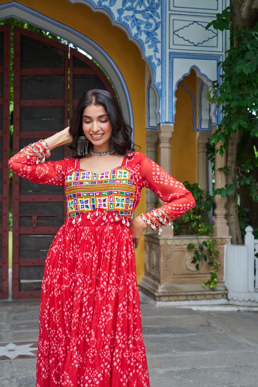 Red Faux Georgette Bandhani Print Gown with Kutchi Patchwork – Full Sleeves, 12 Meter Flair, Cotton Lining ClothsVilla