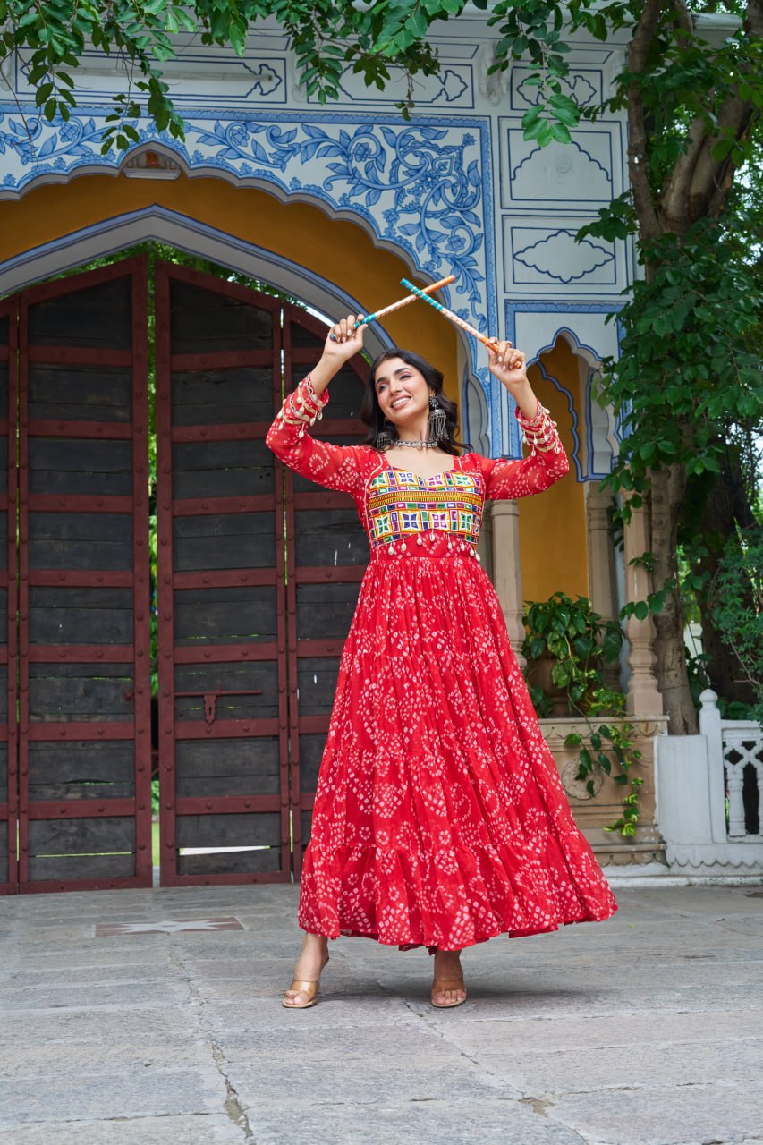 Red Faux Georgette Bandhani Print Gown with Kutchi Patchwork – Full Sleeves, 12 Meter Flair, Cotton Lining ClothsVilla