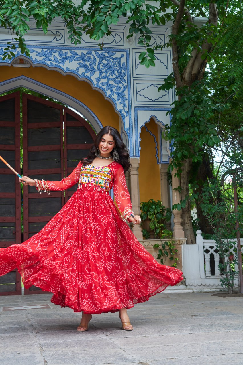 Red Faux Georgette Bandhani Print Gown with Kutchi Patchwork – Full Sleeves, 12 Meter Flair, Cotton Lining ClothsVilla