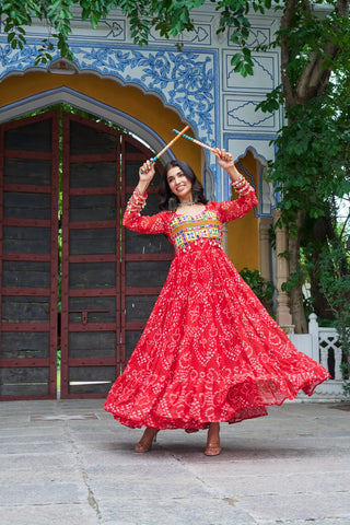 Red Faux Georgette Bandhani Print Gown with Kutchi Patchwork – Full Sleeves, 12 Meter Flair, Cotton Lining ClothsVilla