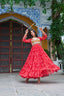 Red Faux Georgette Bandhani Print Gown with Kutchi Patchwork – Full Sleeves, 12 Meter Flair, Cotton Lining ClothsVilla
