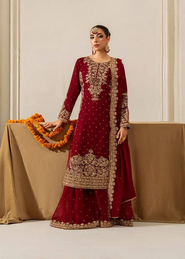 Red Faux Georgette Co-Ord Set with Coding, Sequin & Rivet Moti Work – Plazo & Dupatta Set ClothsVilla Main image