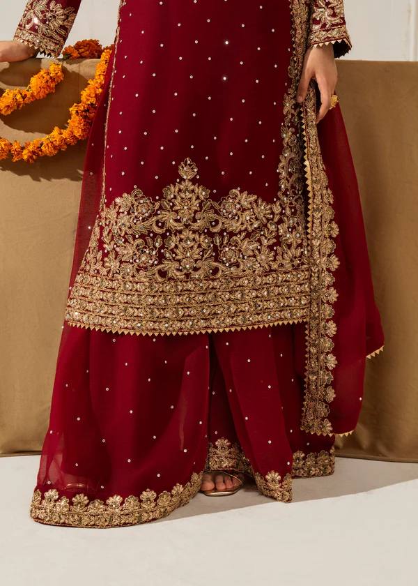 Red Faux Georgette Co-Ord Set with Coding, Sequin & Rivet Moti Work – Plazo & Dupatta Set ClothsVilla