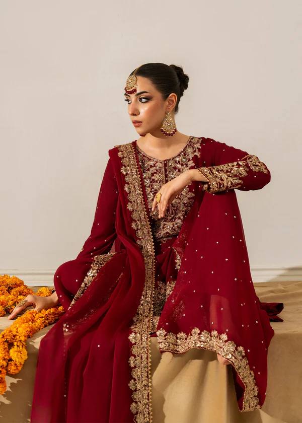 Red Faux Georgette Co-Ord Set with Coding, Sequin & Rivet Moti Work – Plazo & Dupatta Set ClothsVilla
