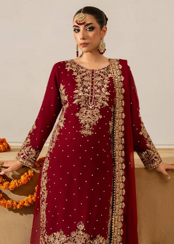 Red Faux Georgette Co-Ord Set with Coding, Sequin & Rivet Moti Work – Plazo & Dupatta Set ClothsVilla