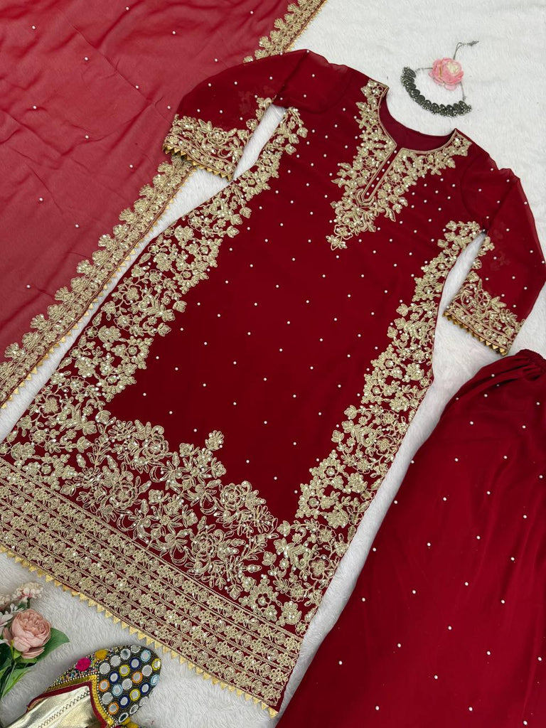 Red Faux Georgette Co-Ord Set with Coding, Sequin & Rivet Moti Work – Plazo & Dupatta Set ClothsVilla